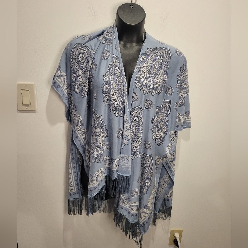 Unbranded one size blue semi sheer boho print cover up/kimono fringe